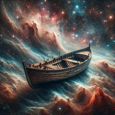 The primary subject of the image is a boat floating in a vast, colorful, and swirling space. The boat is surrounded by a vibrant and dynamic environment, which adds to the overall atmosphere of the scene. The visual style of the image is a combination of digital art and illustration, creating a unique and captivating representation of the boat in space.